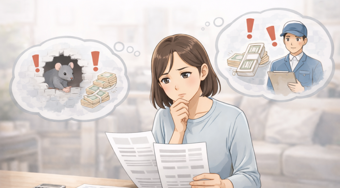 ネズミ駆除を自分で行うか業者に依頼するか迷い、書類を見ながら考えている女性のイラスト