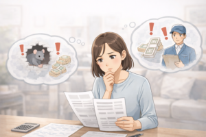 ネズミ駆除を自分で行うか業者に依頼するか迷い、書類を見ながら考えている女性のイラスト