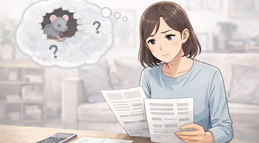 ネズミ駆除を業者に頼む場合の費用について悩んでいる様子のイラスト