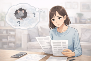 ネズミ駆除を業者に頼む場合の費用について悩んでいる様子のイラスト