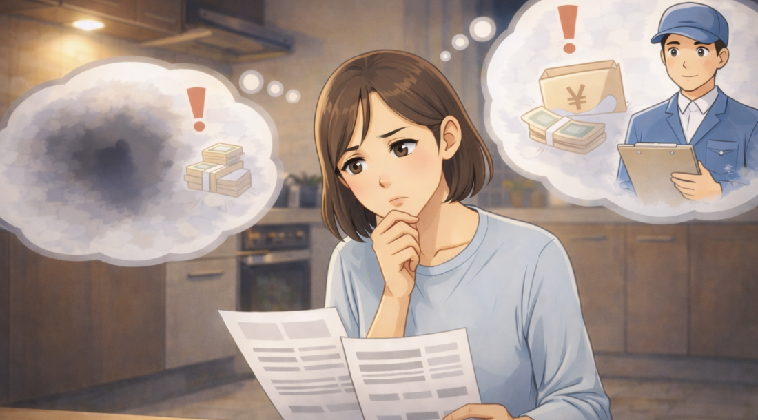 書類を手に、室内で対応方法や費用について考えている人物の様子