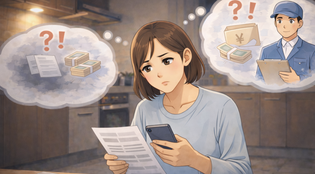 書類とスマートフォンを手に、室内で費用や対応内容を確認しながら考えている人物の様子