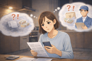 書類とスマートフォンを手に、室内で費用や対応内容を確認しながら考えている人物の様子