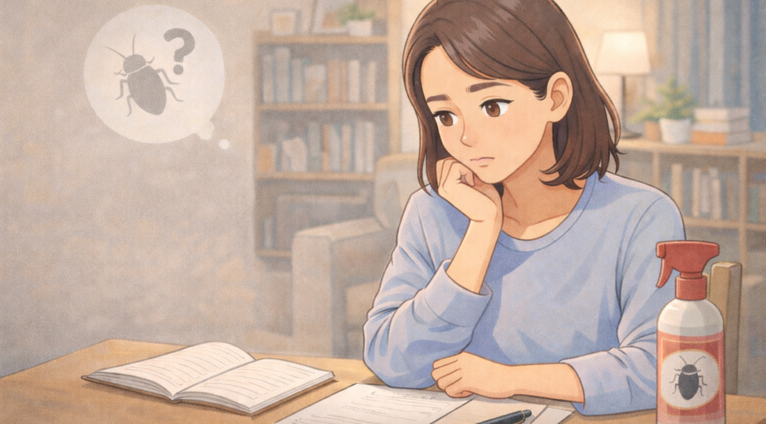 室内のテーブルで書類を見ながら、害虫対策について静かに考えている女性のイラスト