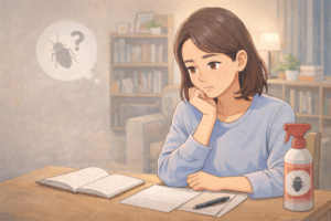 室内のテーブルで書類を見ながら、害虫対策について静かに考えている女性のイラスト