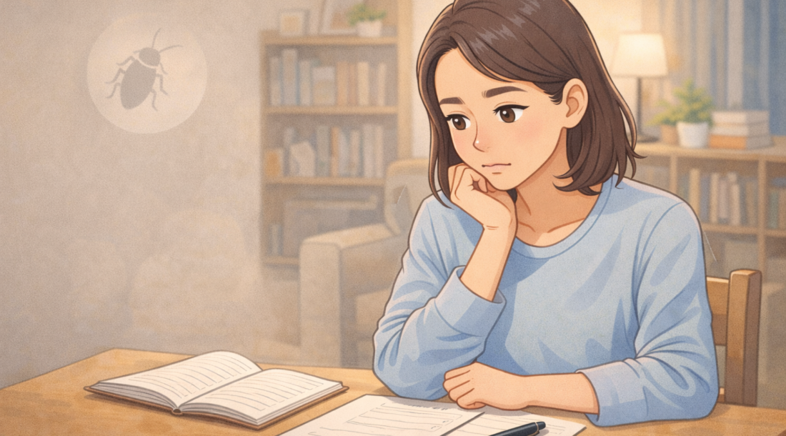 室内のテーブルで書類を広げ、害虫対策について落ち着いて考えている女性のイラスト
