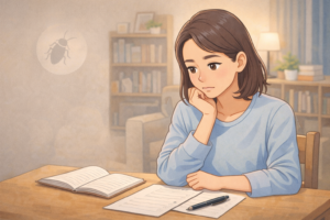 室内のテーブルで書類を広げ、害虫対策について落ち着いて考えている女性のイラスト