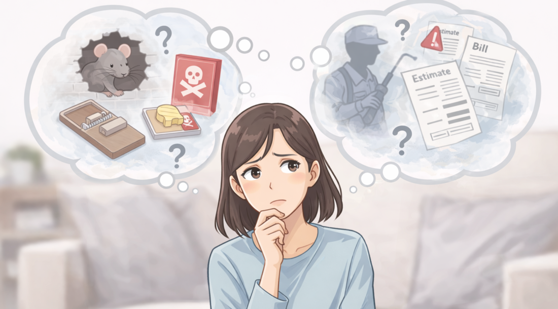 ネズミ被害に気づき、業者に頼むべきか自分で対応するかを考えている女性のイラスト