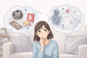 ネズミ被害に気づき、業者に頼むべきか自分で対応するかを考えている女性のイラスト