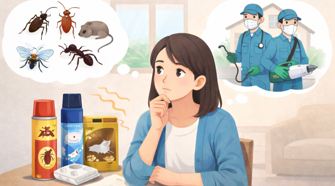 室内のテーブルで、害虫対策を自分で行うか業者に相談するかを静かに考えている女性のイラスト