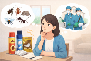 室内のテーブルで、害虫対策を自分で行うか業者に相談するかを静かに考えている女性のイラスト