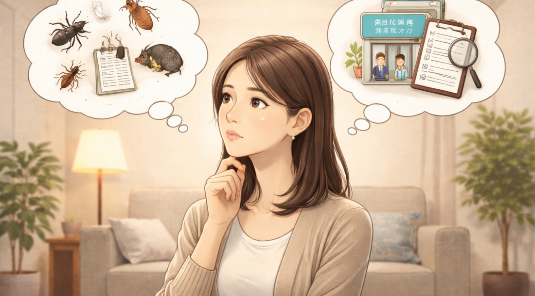 害虫の発生と駆除業者への相談について、リビングで考え込む女性のイラスト