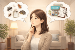 害虫の発生と駆除業者への相談について、リビングで考え込む女性のイラスト