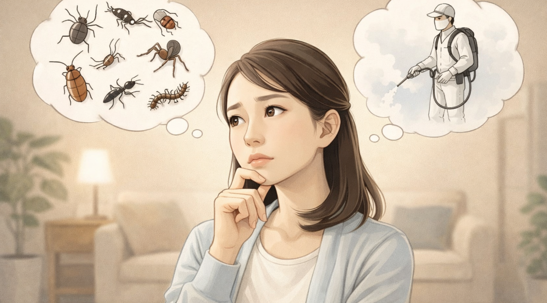 自宅のリビングで、害虫の存在と業者への相談を天秤にかけながら考え込む女性のイラスト