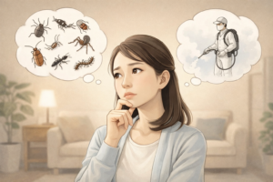 自宅のリビングで、害虫の存在と業者への相談を天秤にかけながら考え込む女性のイラスト