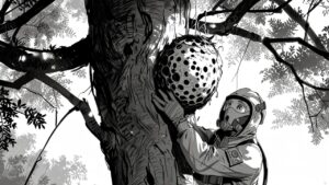 ハチの巣を見つけた時の対処法を示すイラスト。左側に自分で駆除する人、右側に害虫駆除業者が描かれている